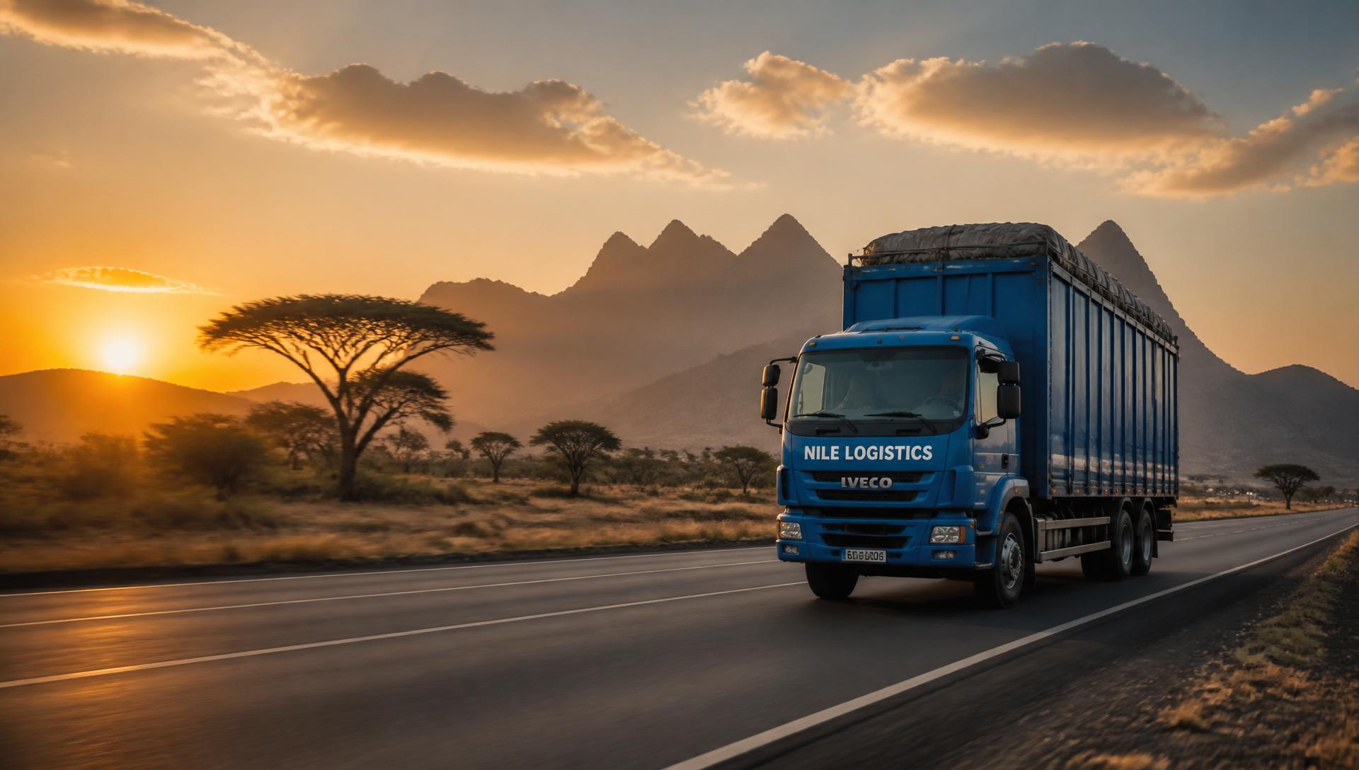Cargo truck driving on an Ethiopian highway at sunrise